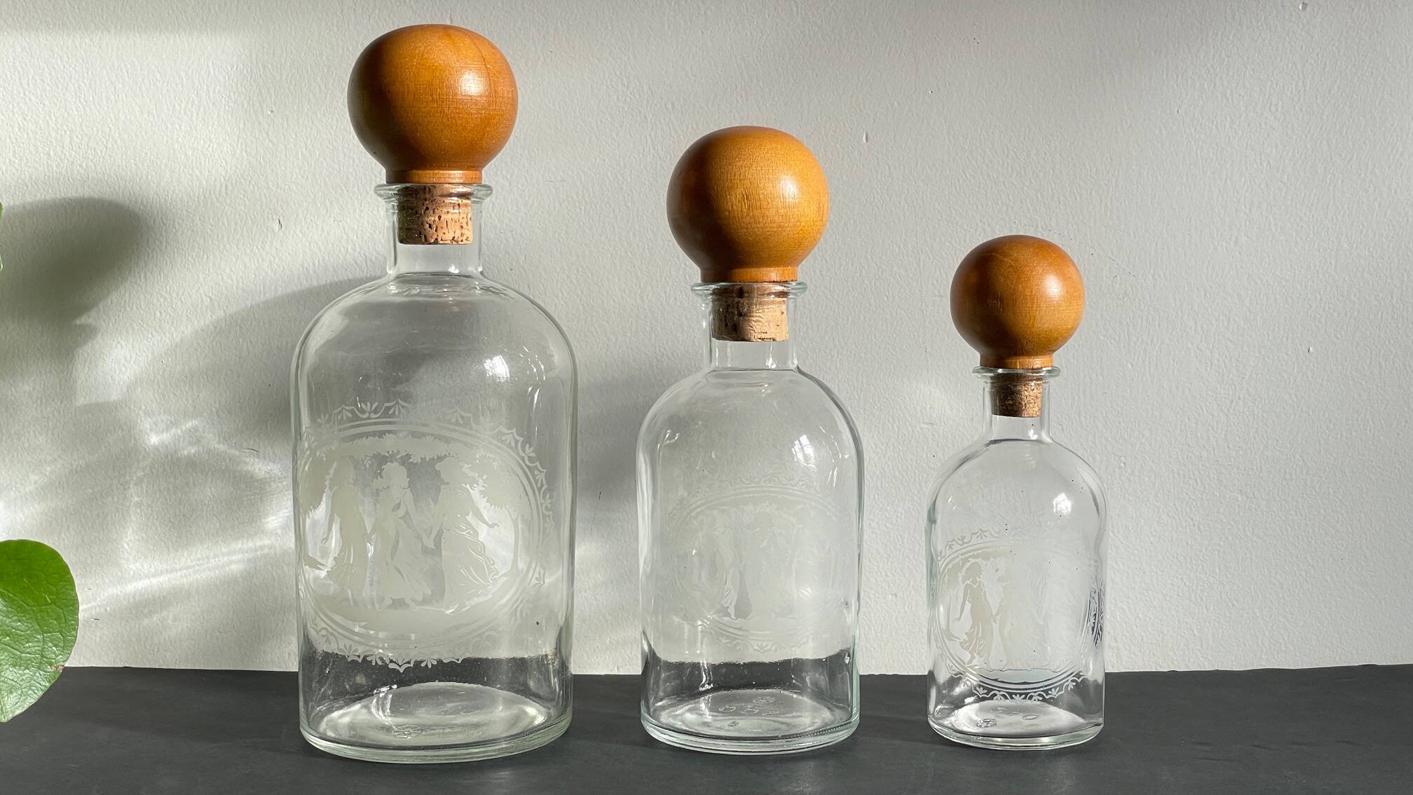 BOTTLES Engraved Glass and VINTAGE Wood