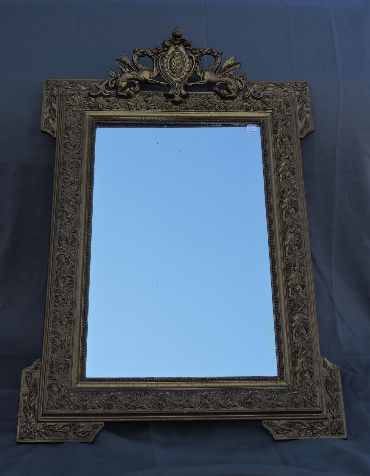 Glass or golden mirror of old fireplace 67x100cm pediment with chimeras