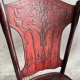 Set of 4 Art Nouveau bent beech wood chairs, deep red-brown embossed seats (Jacob & Josef Kohn, ca.1900)