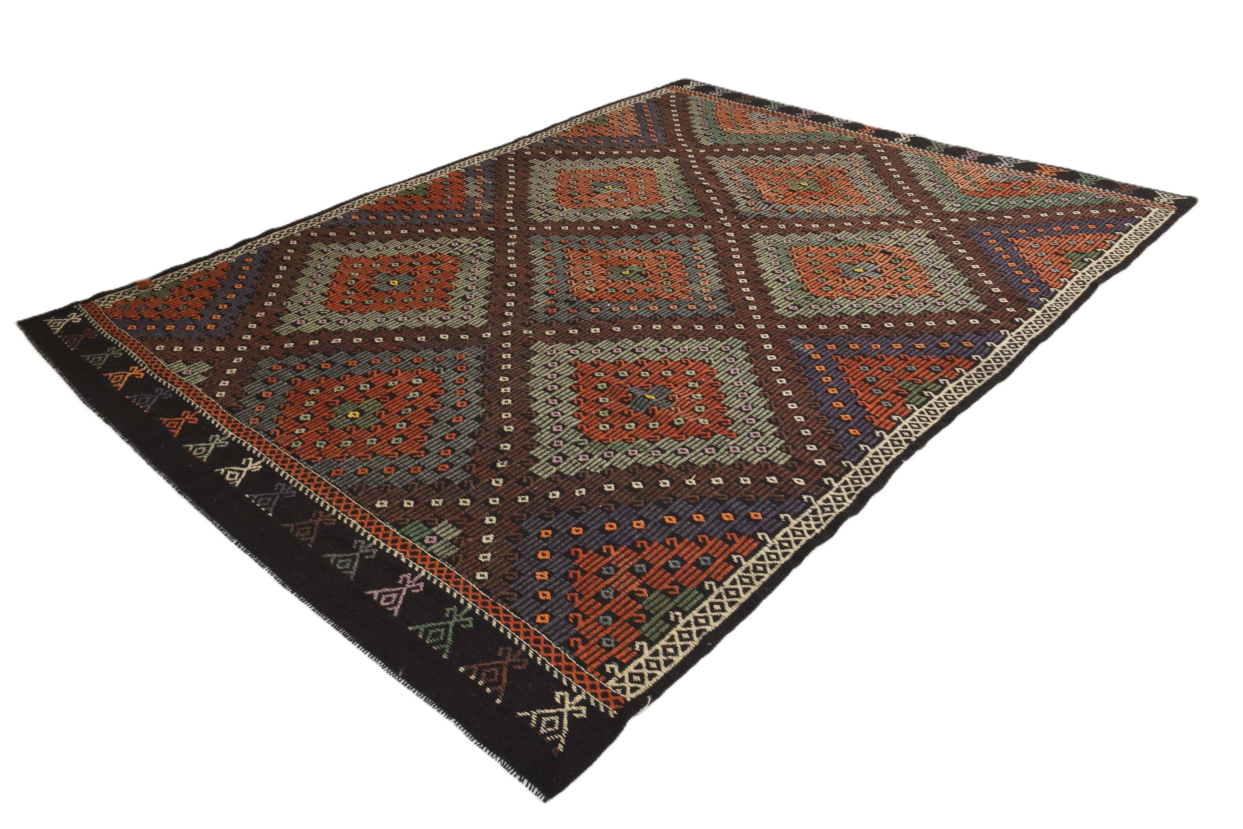 Tapis Kilim vintage fait main bordeaux et vert 7x10, 220x296 cm
