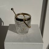 Small golden glass ice bucket with diamond point design and its scoop.