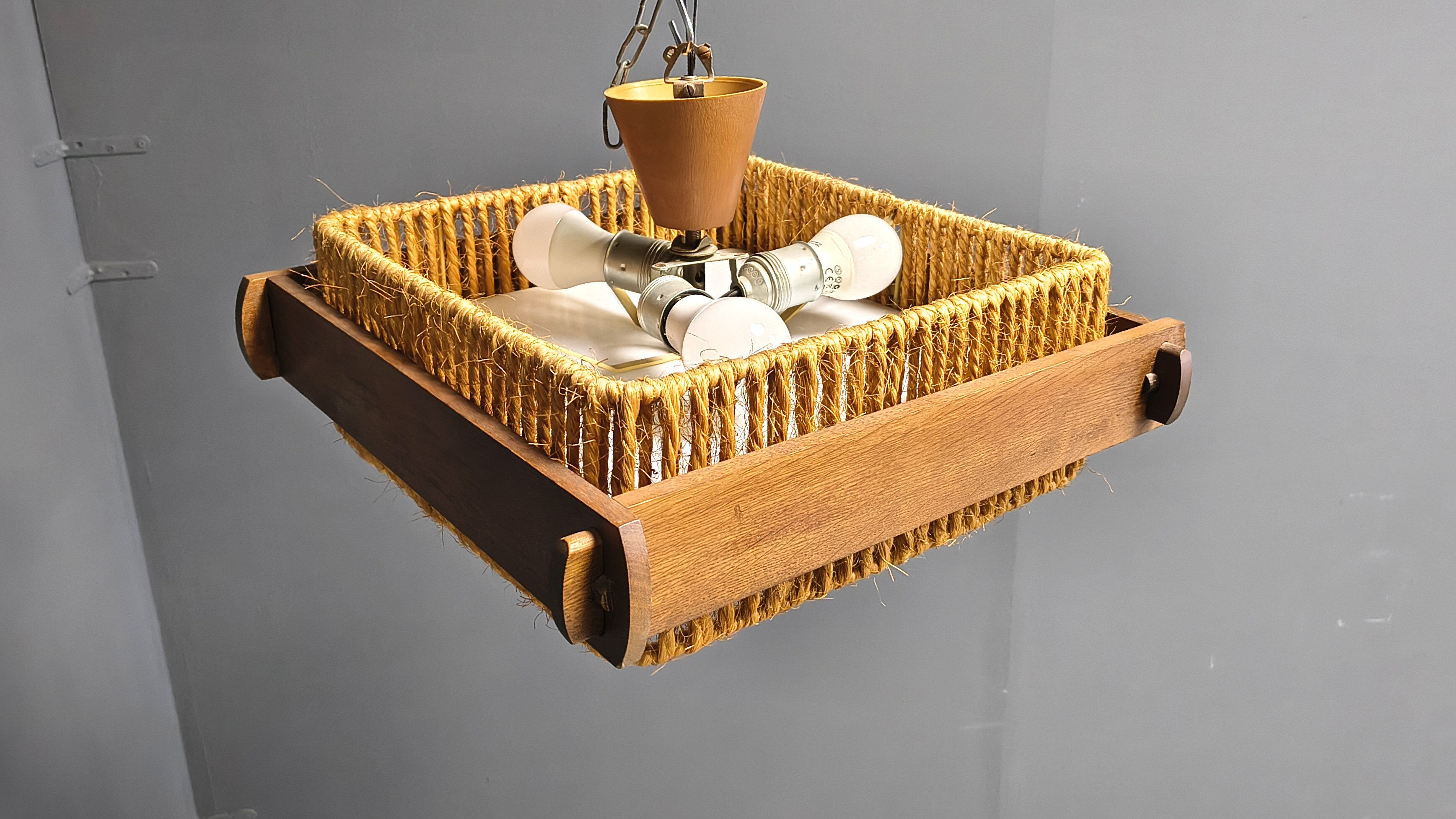 Raffia bast, wood and acrylic pendant lamp by Temde Switzerland, 1960s