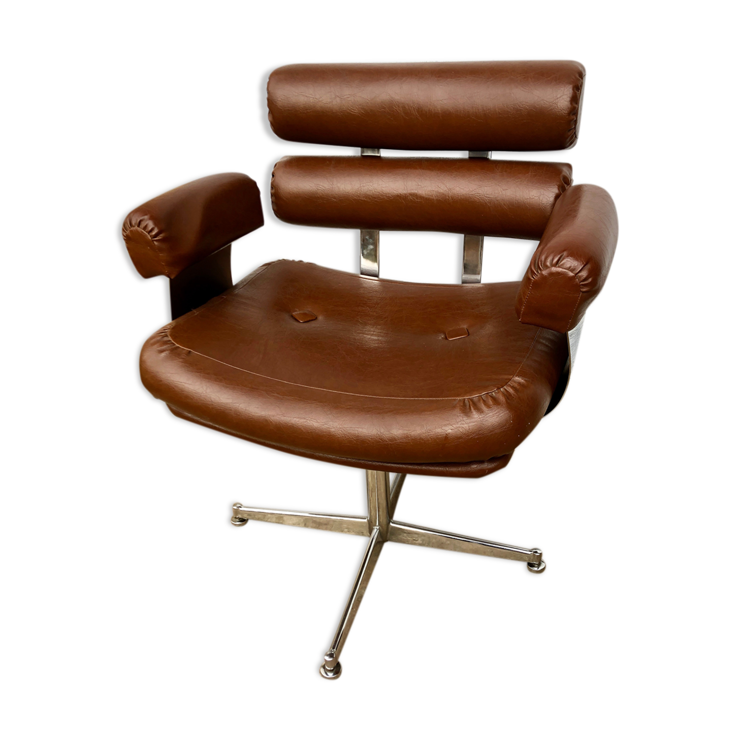 Hairdresser's armchair in chrome and brown skaï