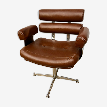 Hairdresser's armchair in chrome and brown skaï