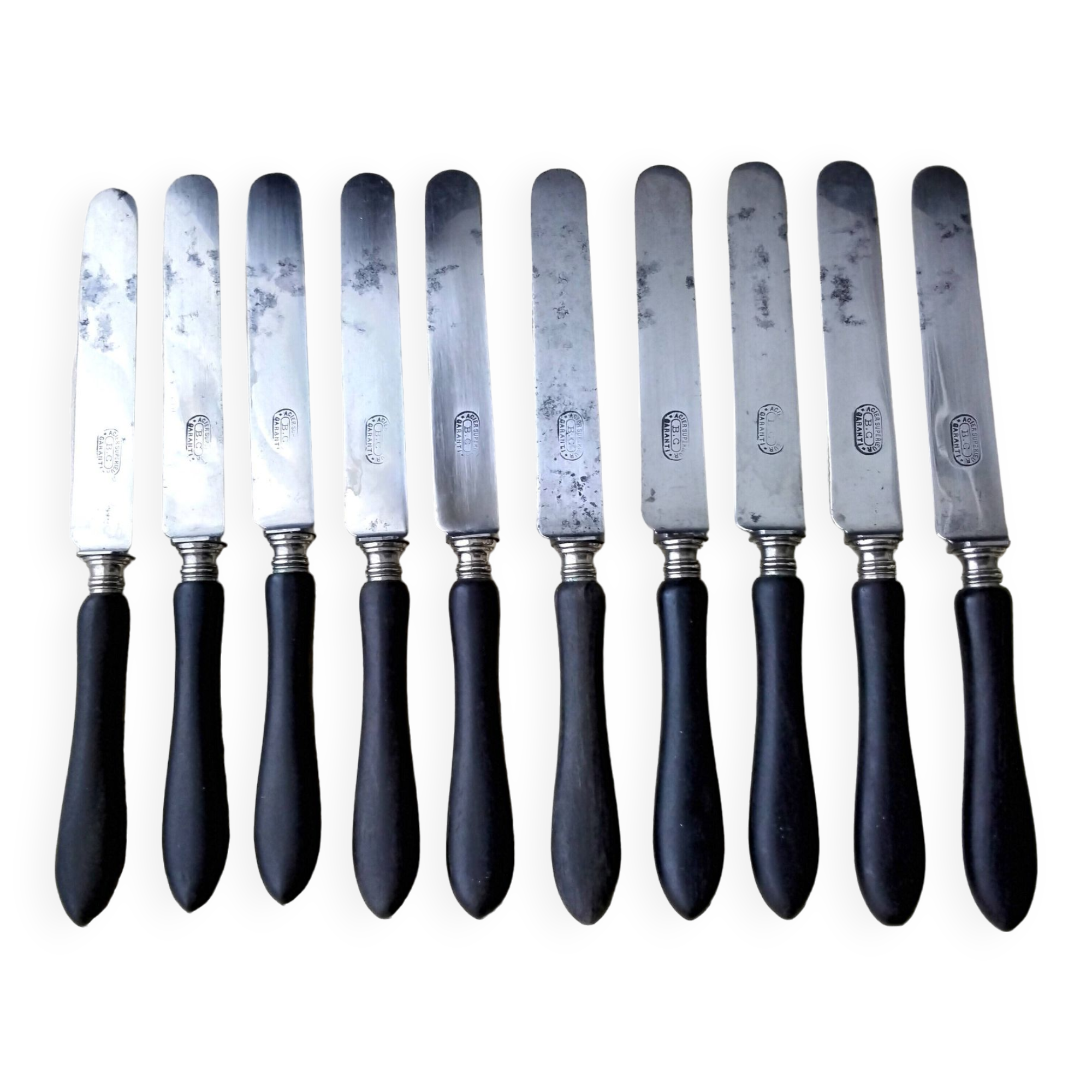 Box of 10 antique dessert knives Blackened wood and steel