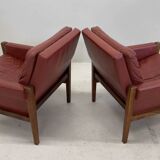 Fauteuils lounge danois vintage en palissandre et cuir. Années 1960.