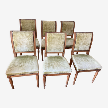 Six chaises directoire en bois fruitier et velours de lin