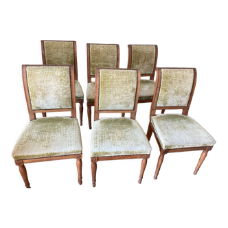 Six chaises directoire en bois fruitier et velours de lin