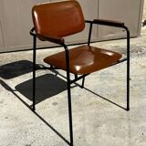 Fauteuil en métal, chêne et simili cuir vintage 1950