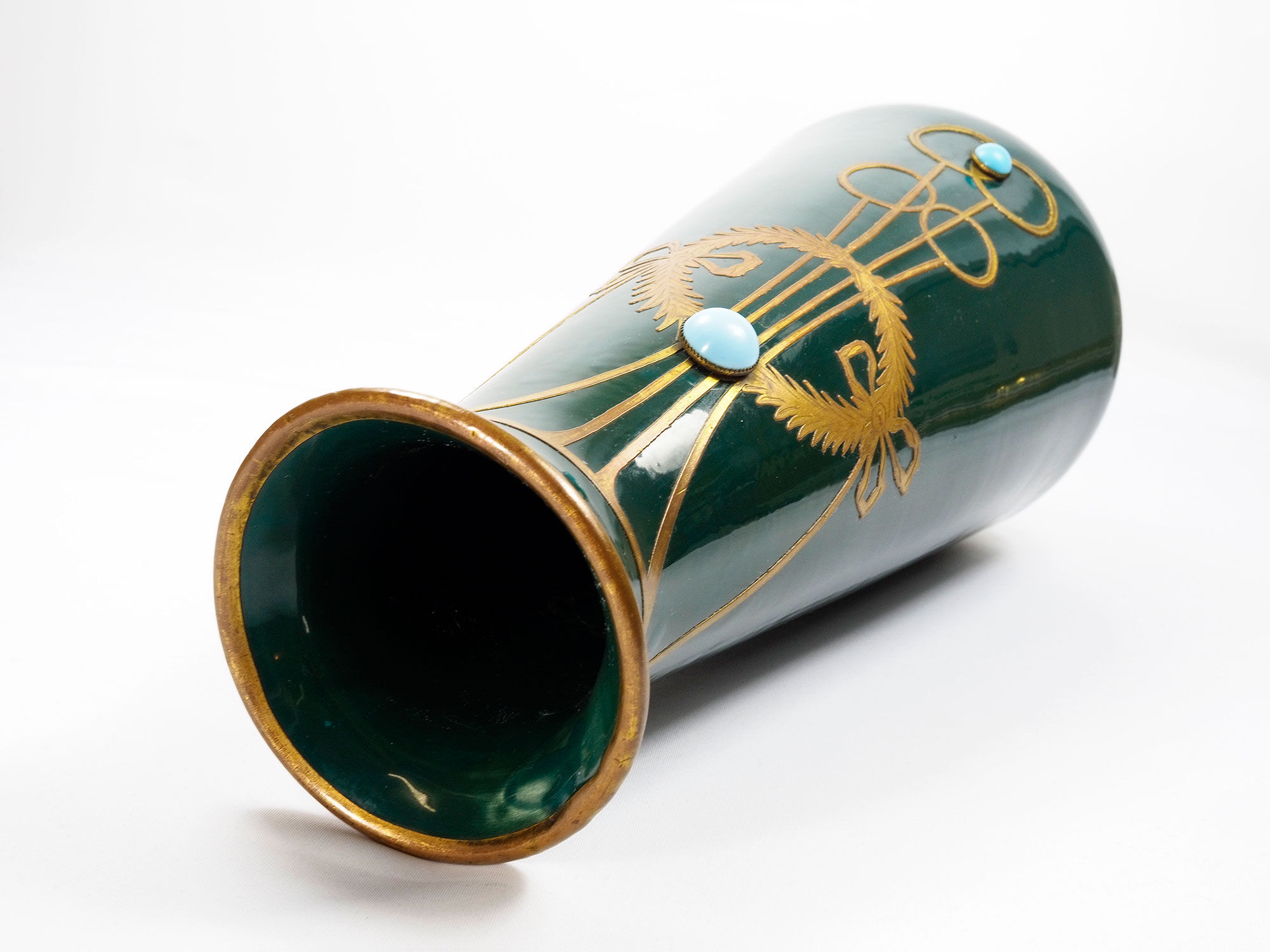 Antique secession vase in ceramic green glaze with copper & turquoise-1900s