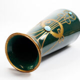 Antique secession vase in ceramic green glaze with copper & turquoise-1900s