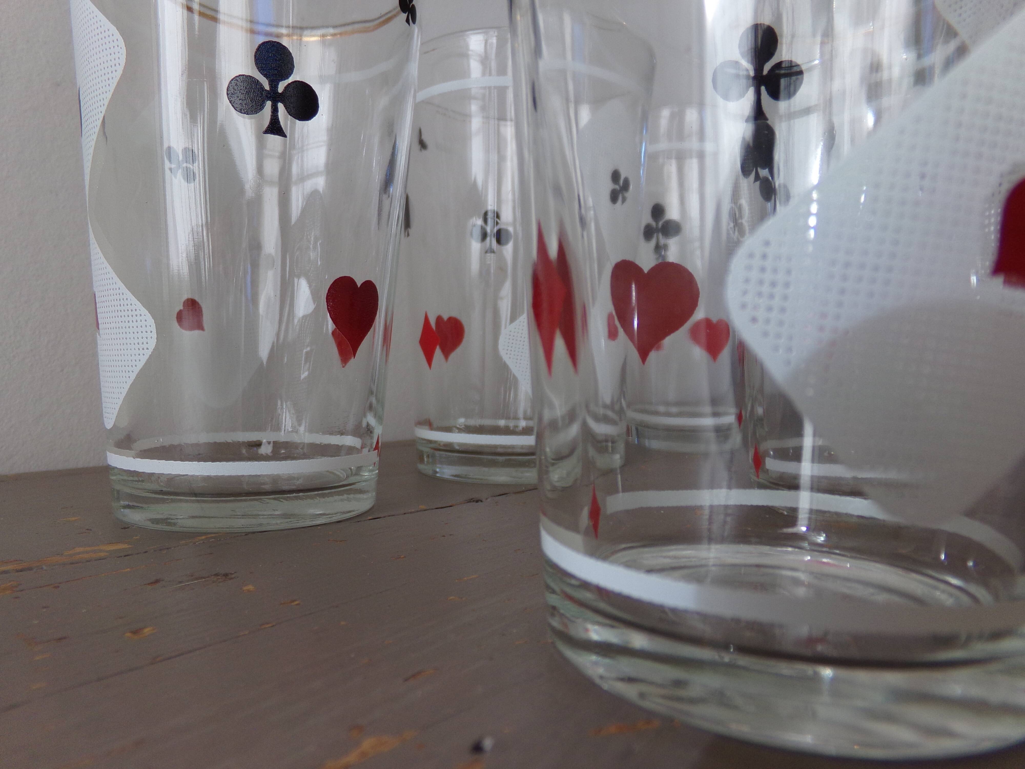 Lot of 6 glasses screen-printed vintage 60s card game