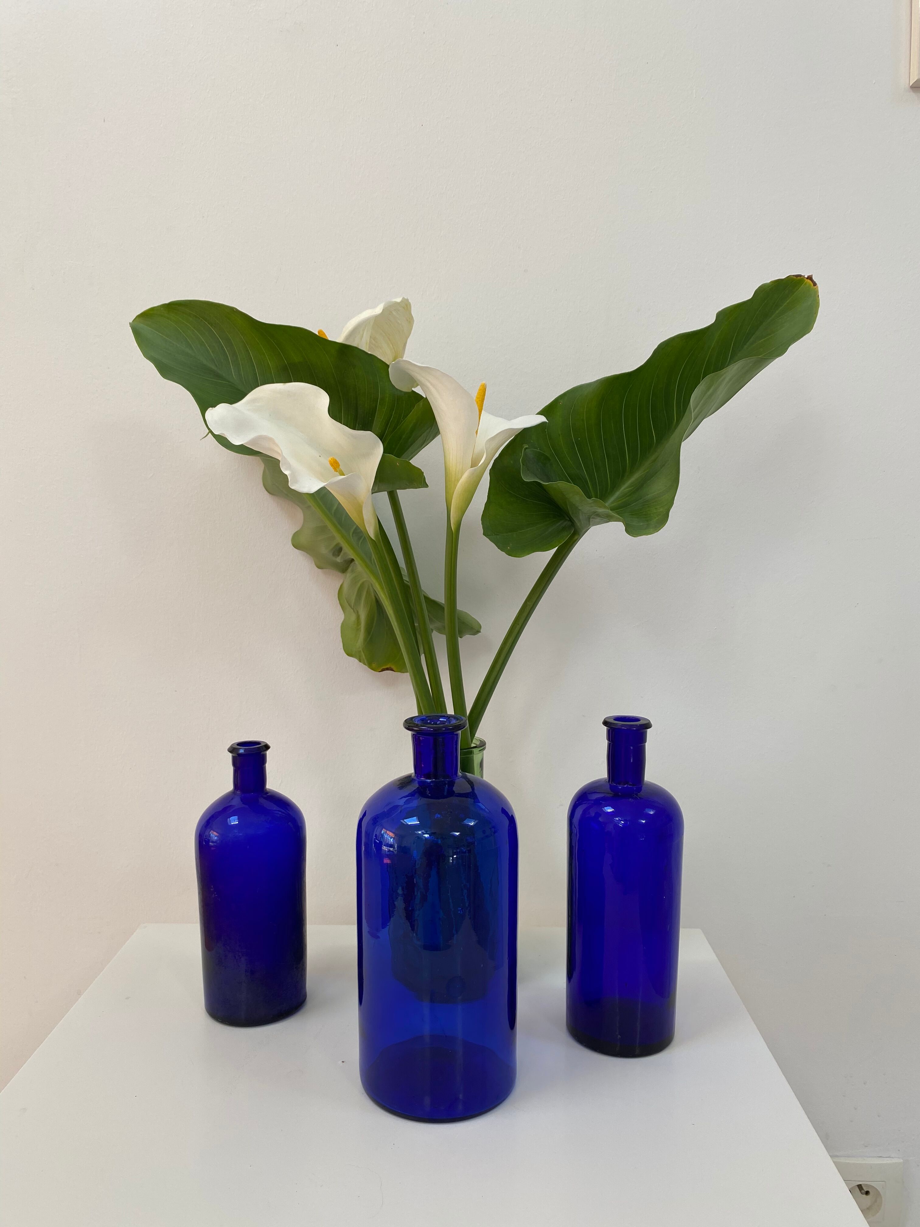 Trio of apothecary bottles in cobalt blue glass