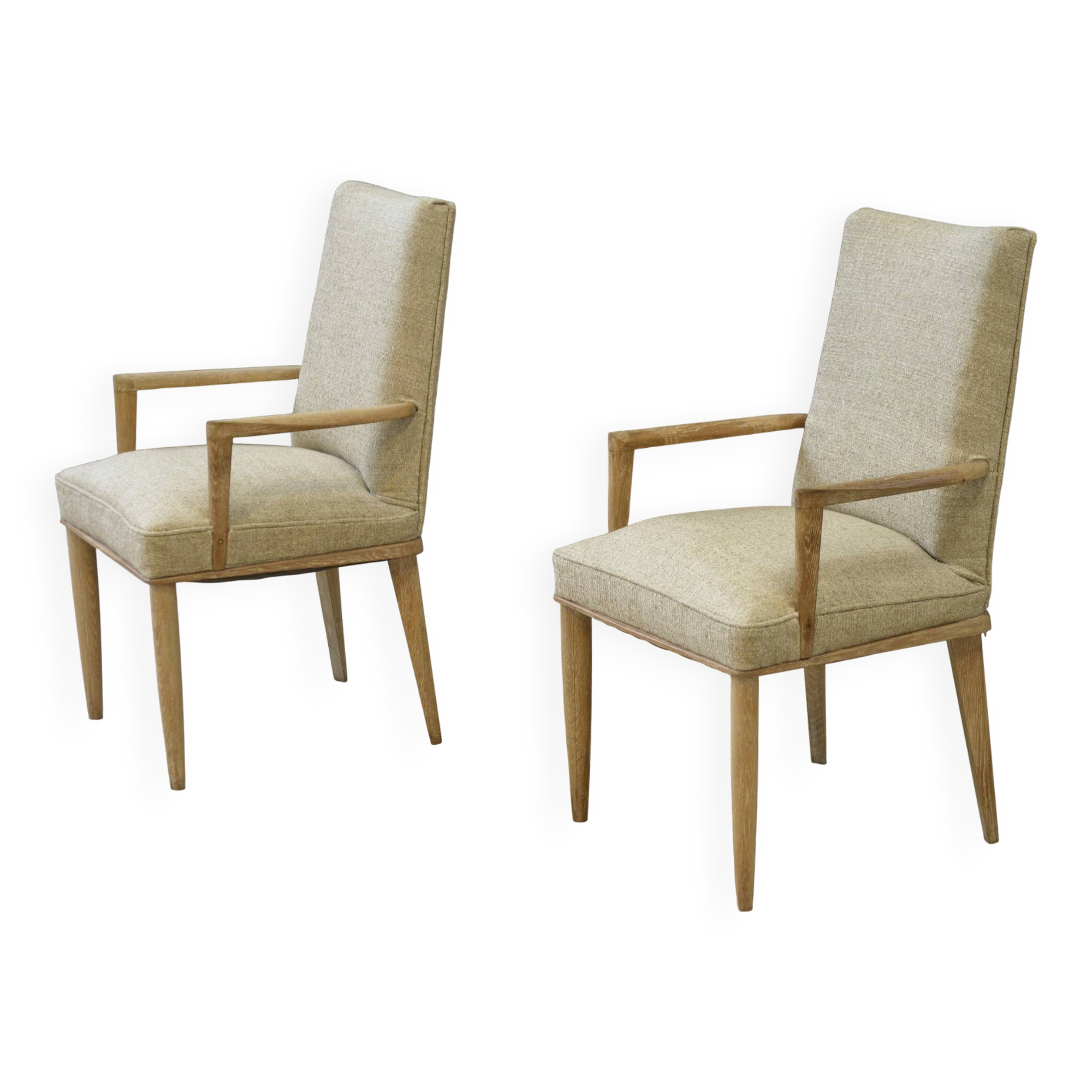 Rare pair of cerused oak armchairs, confidential creation attributed to Suzanne Guiguichon, 1940s.