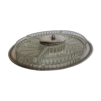 Plat à hors d'oeuvre cristal et métal argenté marqué monogramme, matricule