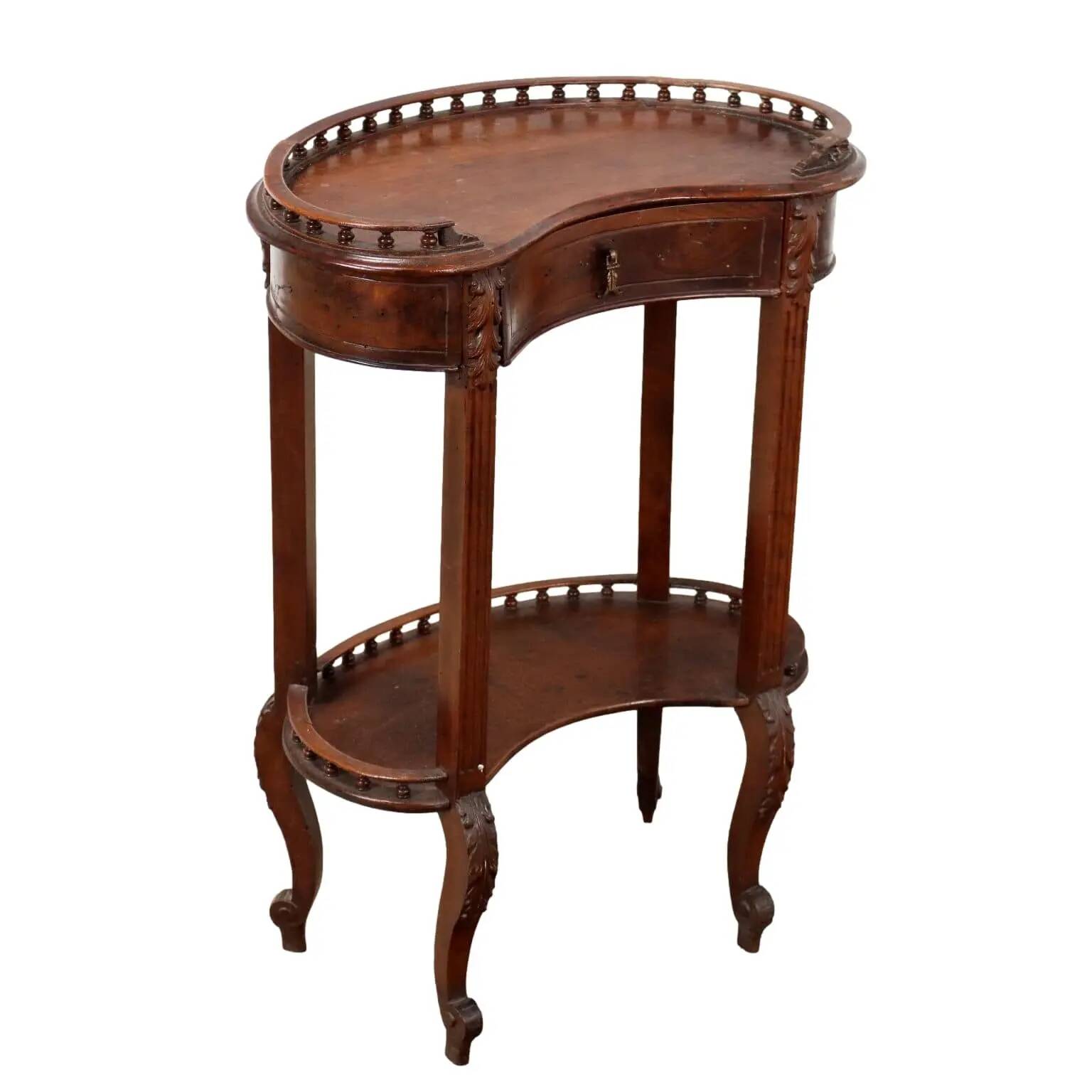 Antique walnut coffee table with decorations, Italy, 19th century.