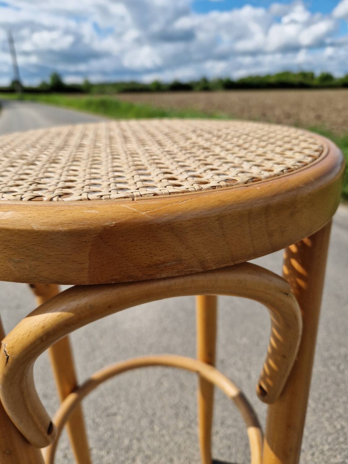 High bar stool in curved wood and cane