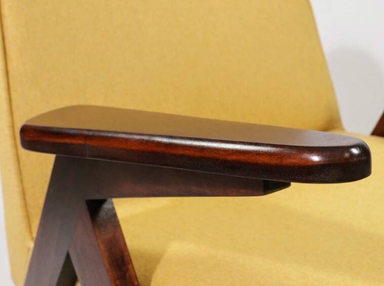 Vintage armchair Scandinavian design yellow wool fabric design by Chierowski