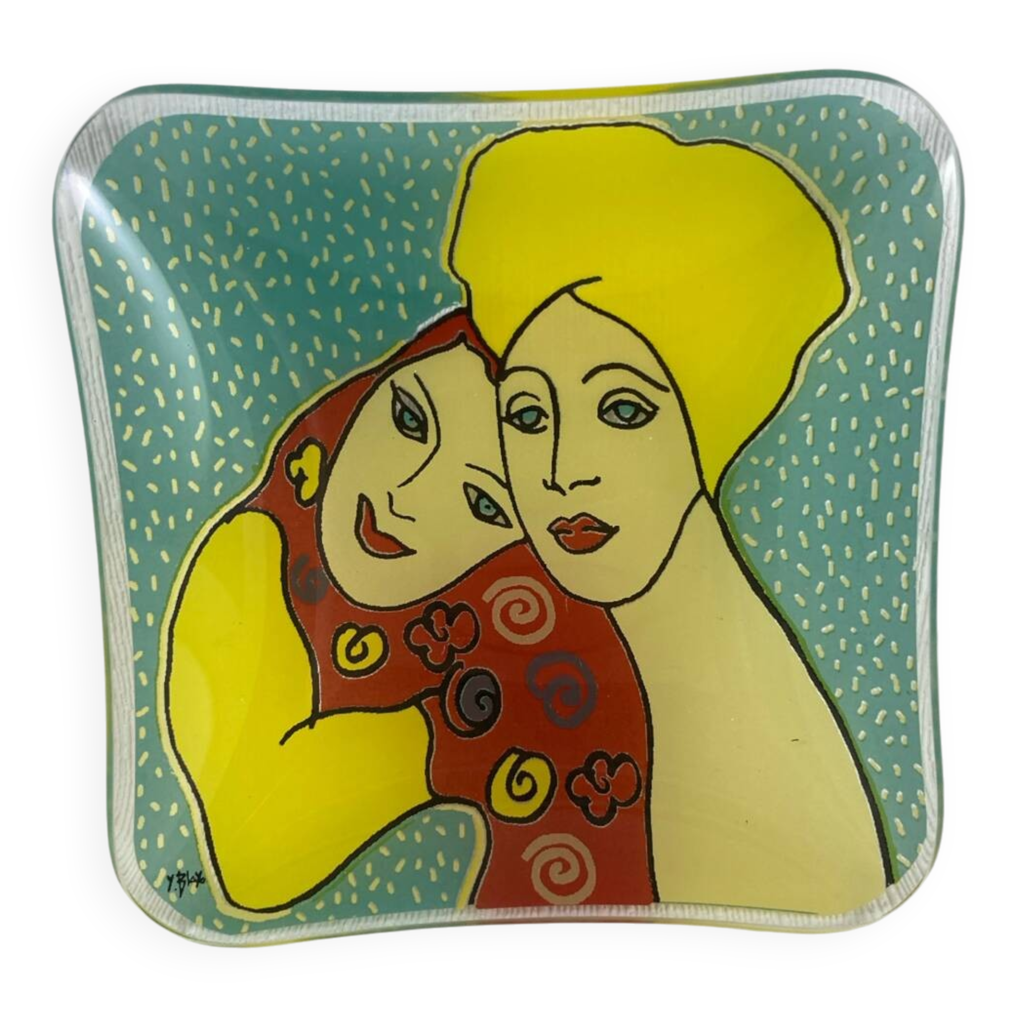 Yves Blayo Signed "Russian Women" Glass Trinket Tray in Screen-Printed Glass