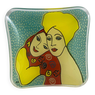 Yves Blayo Signed "Russian Women" Glass Trinket Tray in Screen-Printed Glass