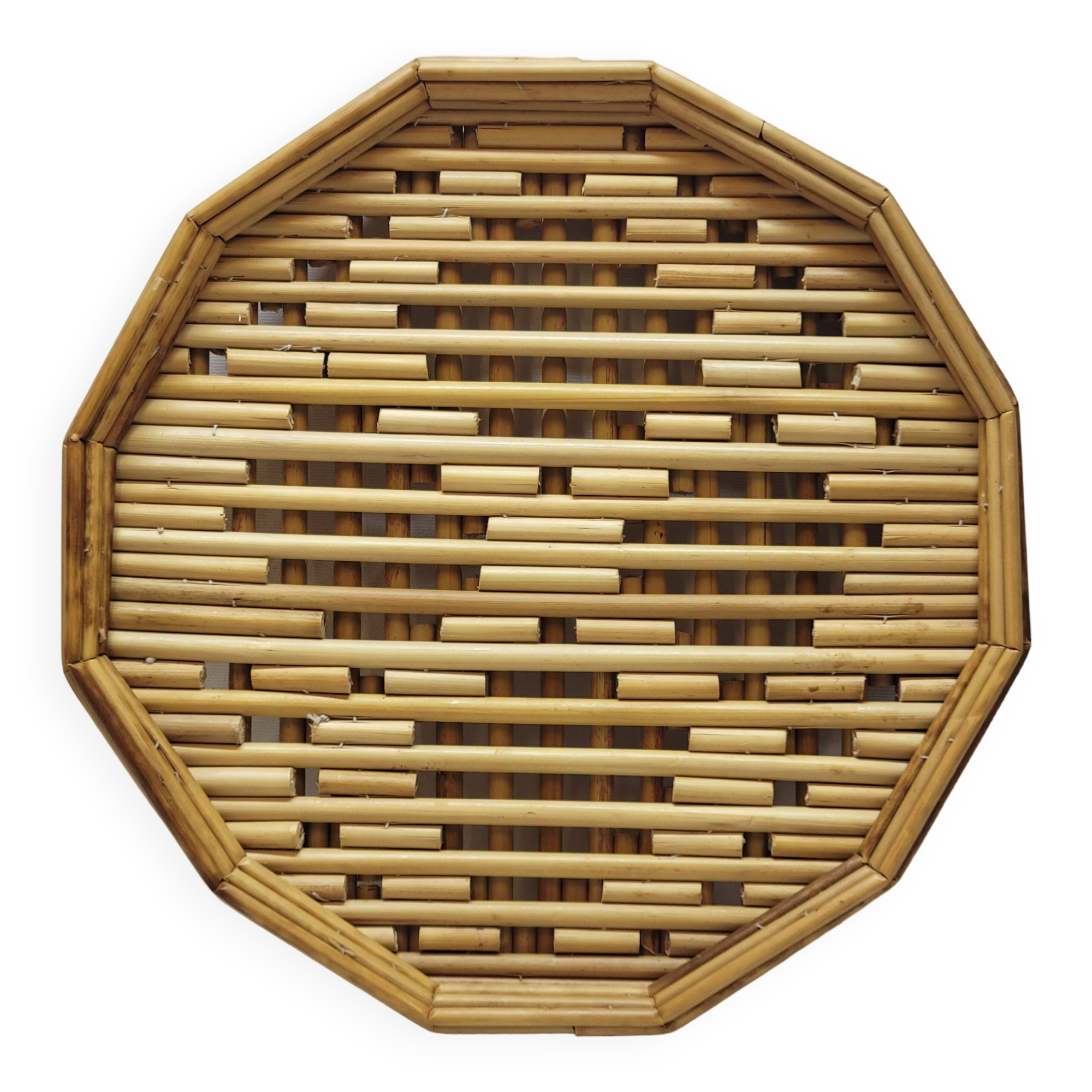 Rattan straw bamboo serving tray French vintage 70s