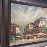 Vintage Oil Painting With Parisian Flower Market Frederic, 1970s