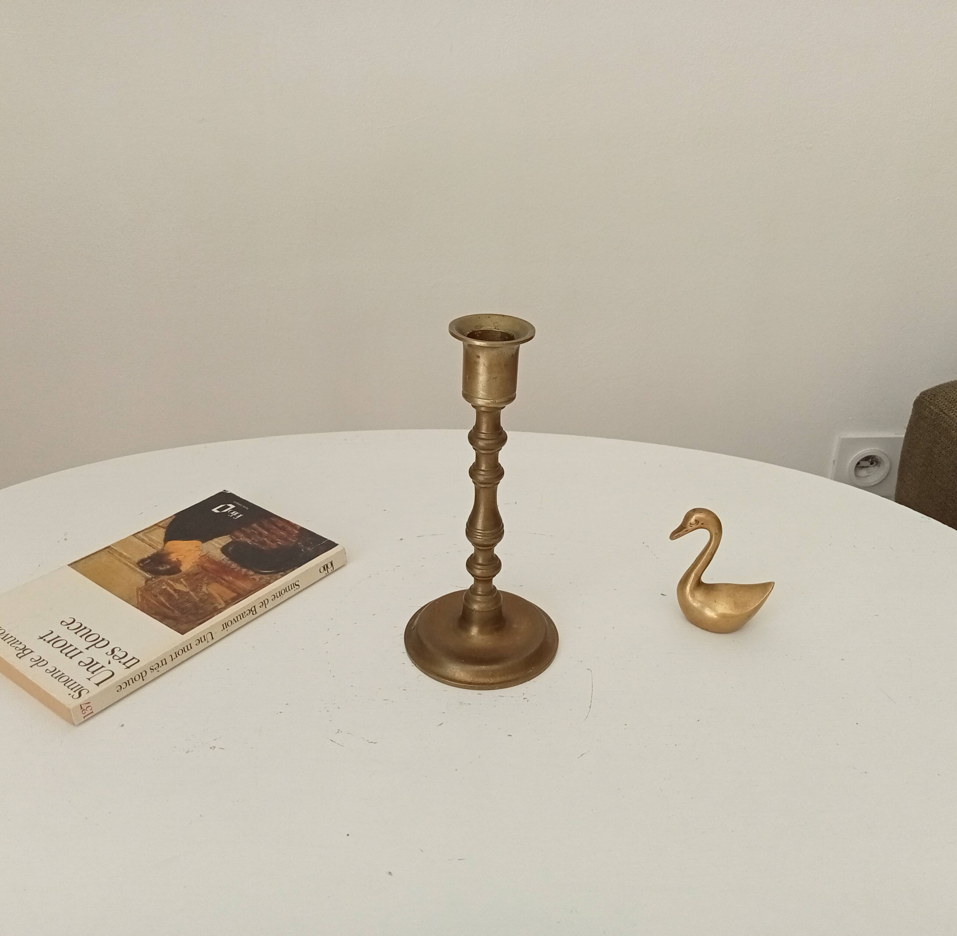 Antique candle holder in solid brass, gilded bis