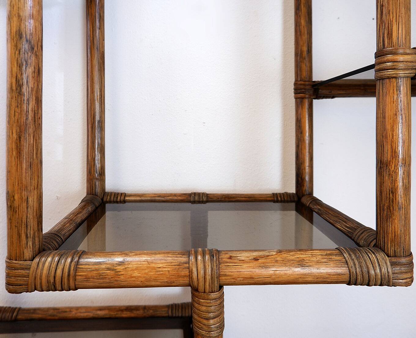 Asymmetrical bamboo and smoked glass shelf - 1970s