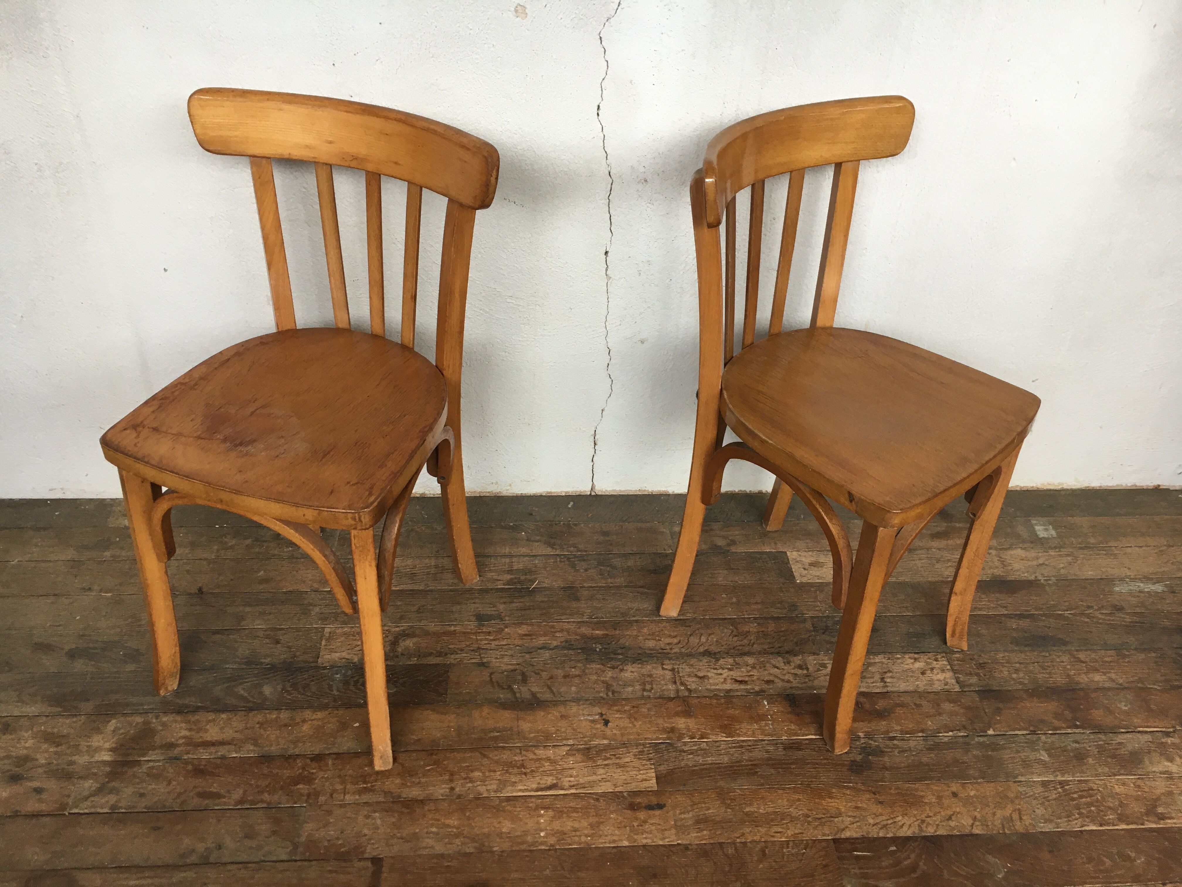 Pair of bistro and bohemian beech vintage chairs 1950