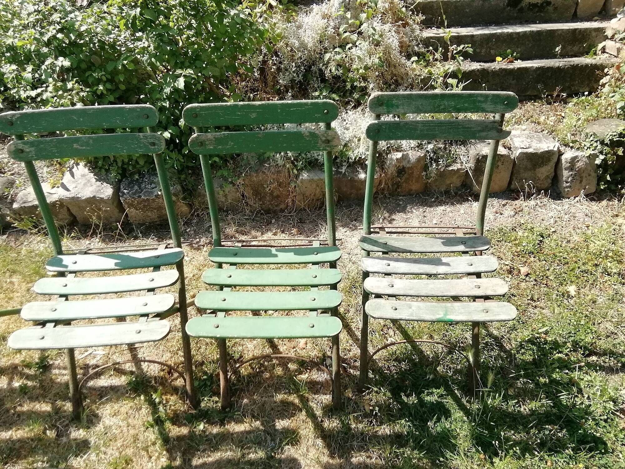 4 old iron and wood garden folding chairs