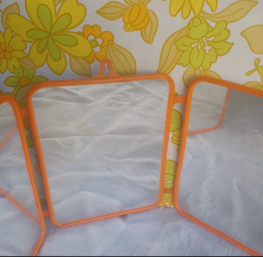Vintage tryptic barber mirror orange 70s