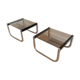 Pair of side tables in chrome, blackened wood and glass
