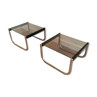 Pair of side tables in chrome, blackened wood and glass