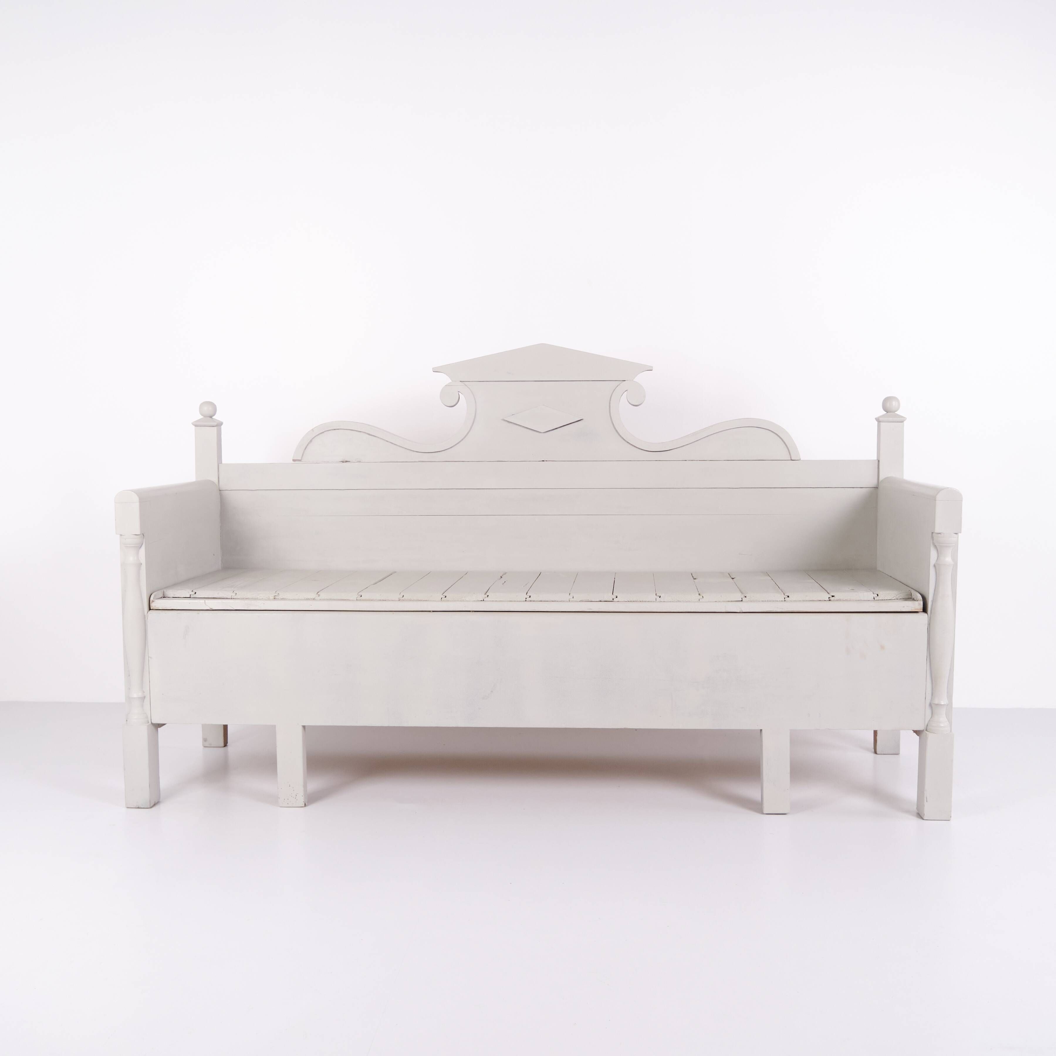 Antique storage bench with carvings – grey painted – pine wood – 1860s