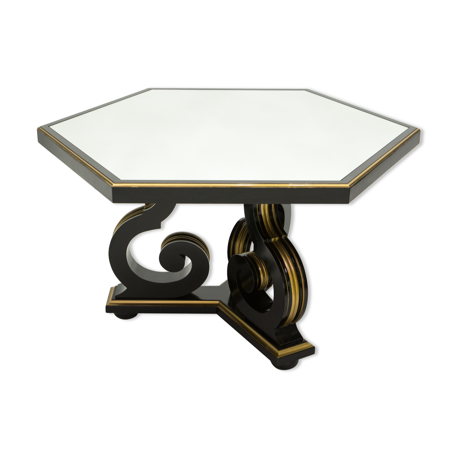 Table à manger néoclassique Maurice Hirsch bois noir doré miroir 1970