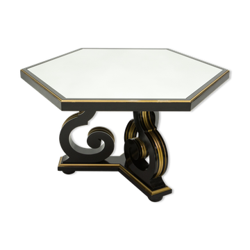 Table à manger néoclassique Maurice Hirsch bois noir doré miroir 1970