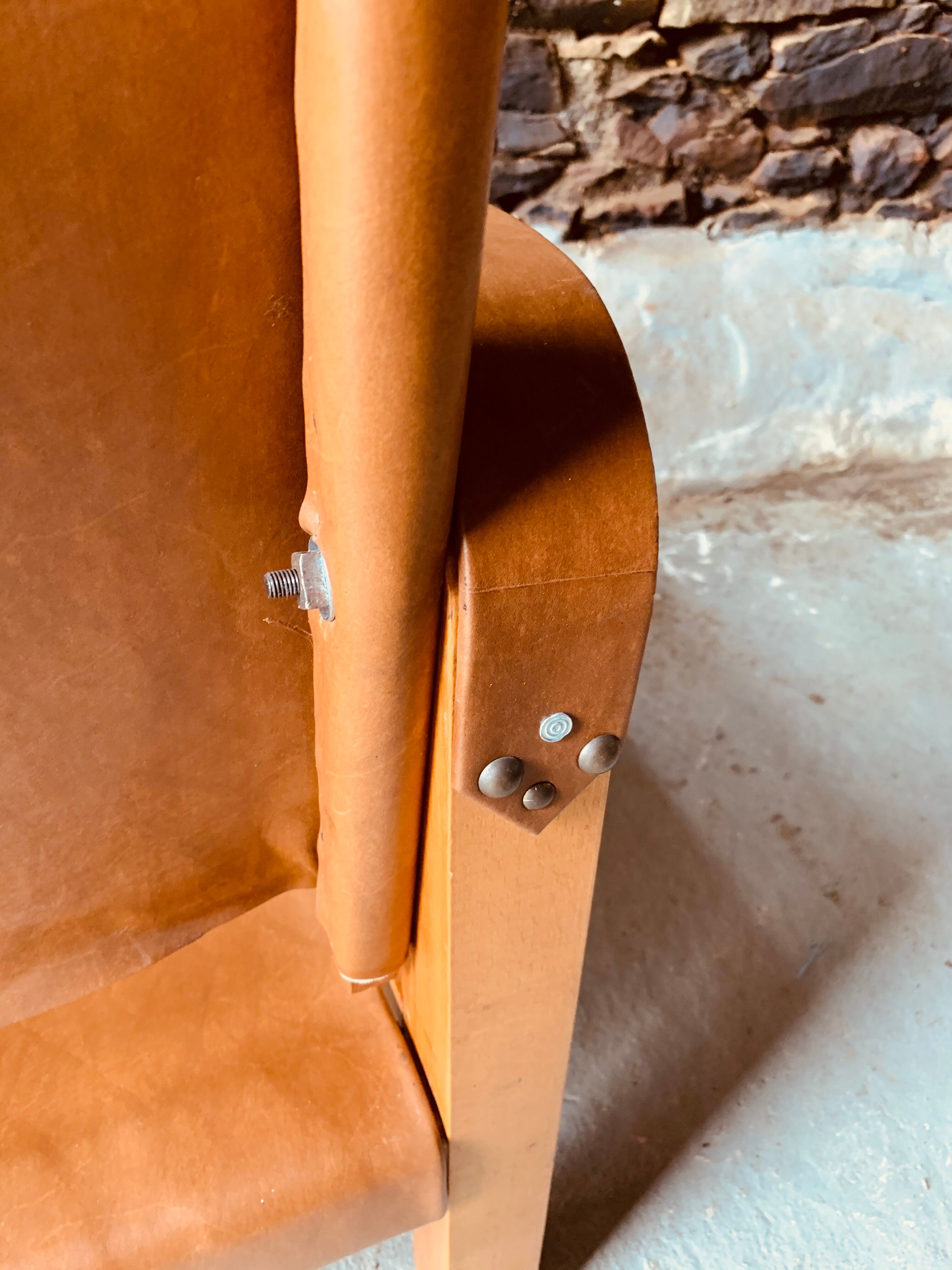 Safari armchair in wood and leather -1950's