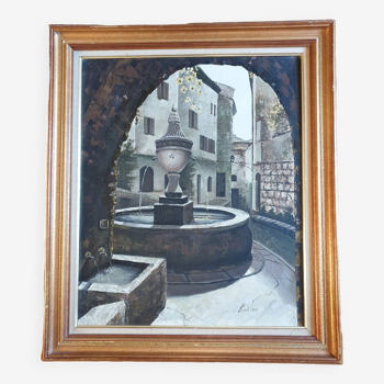 Huile sur toile Lainas Fontaine Saint Paul de Vence signée encadrée 72 X 62