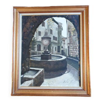 Huile sur toile Lainas Fontaine Saint Paul de Vence signée encadrée 72 X 62