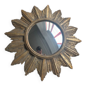 Miroir oeil sorcière bois stuc doré feuille d'or vintage 50s 38 cm Super  état SB