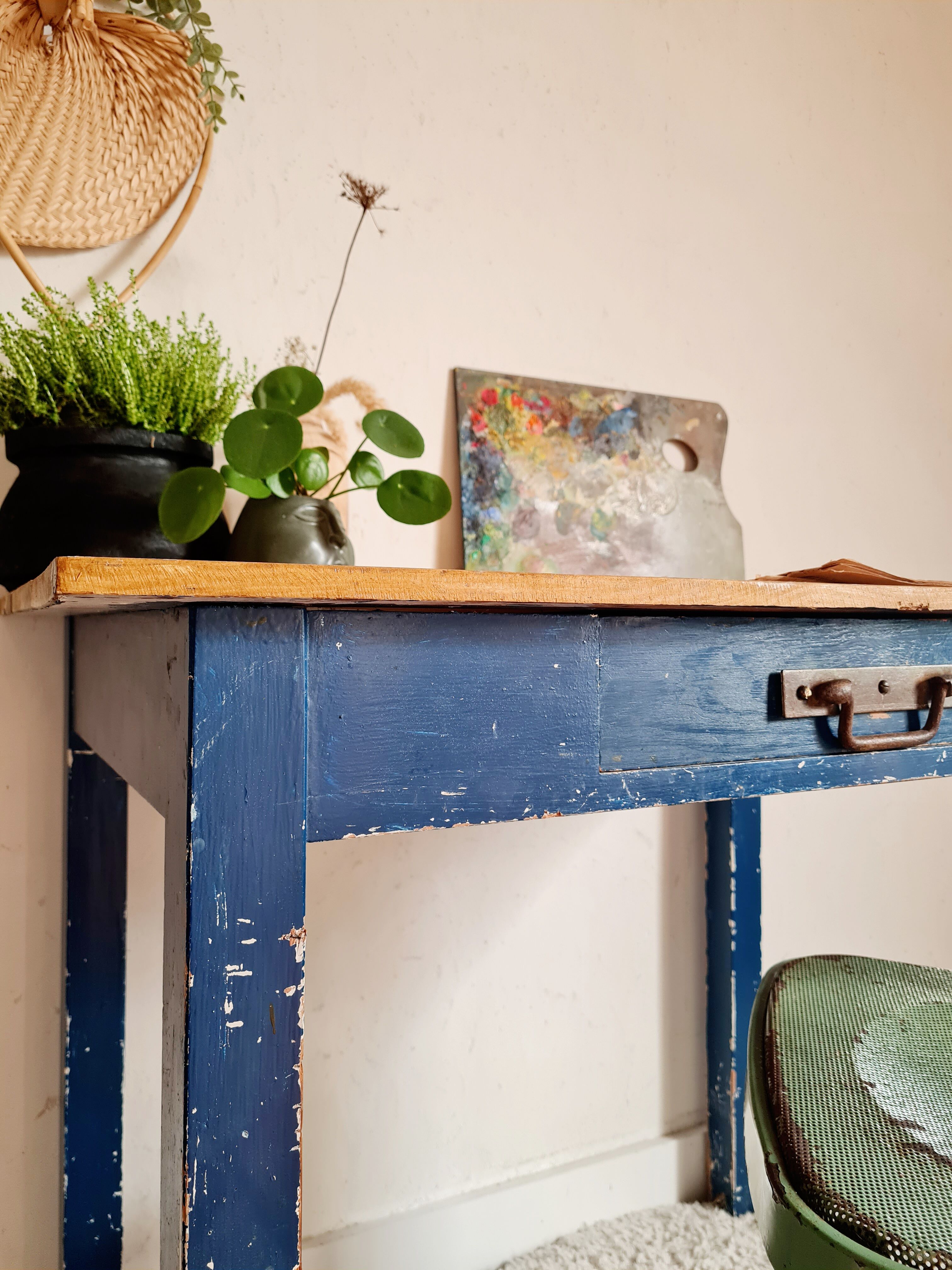 Ancient blue pie wooden workshop table