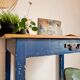 Ancient blue pie wooden workshop table