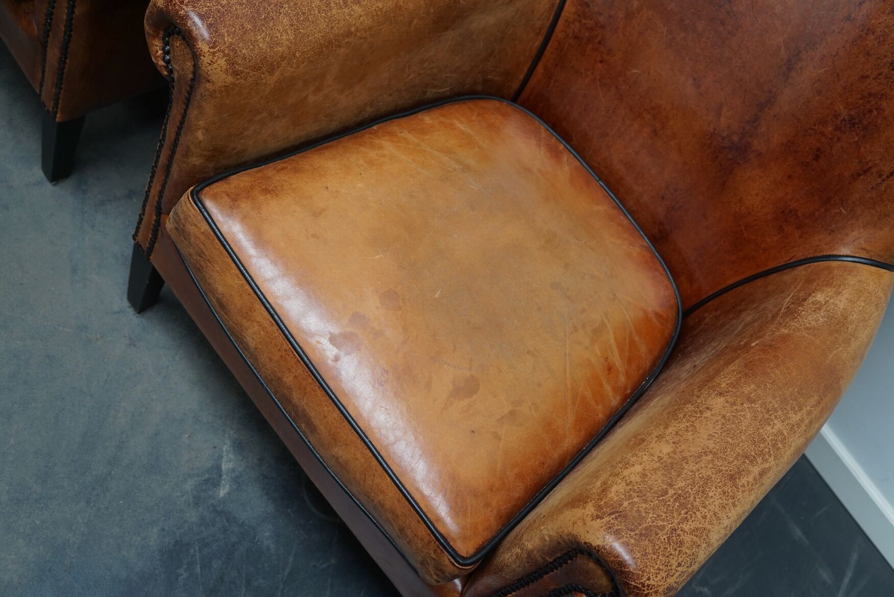 Fauteuil club en cuir vintage hollandais de couleur cognac, ensemble de 2