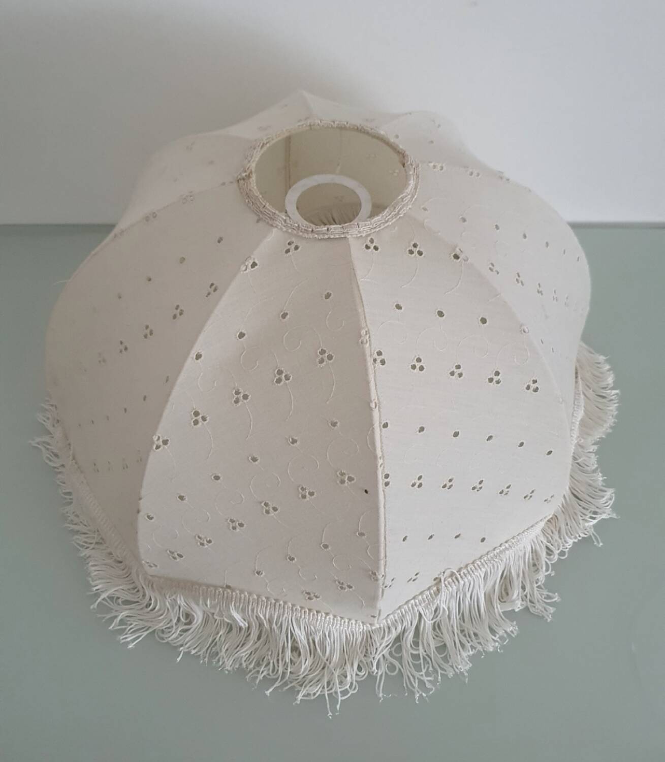 Hanging lampshade in English embroidery