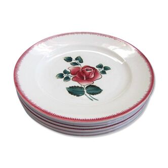 6 assiettes plates décor à la rose bagatelle en faïence de sarreguemines