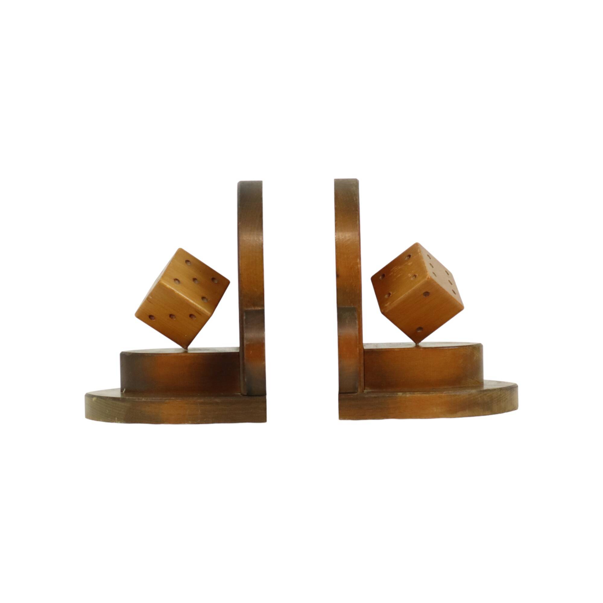 Vintage Wooden Dice Bookends Art Deco Style