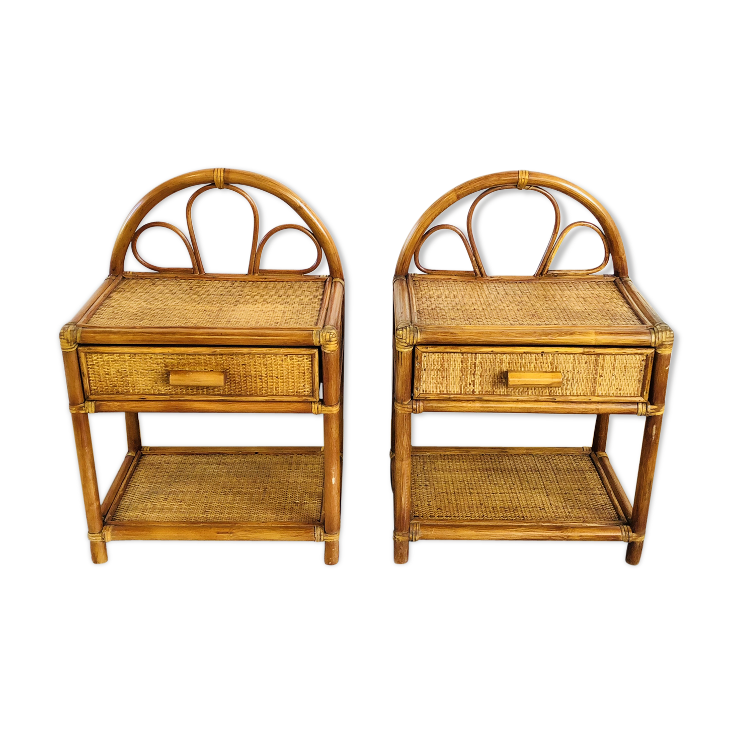 Pair of bamboo and rattan bedside tables
