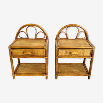 Pair of bamboo and rattan bedside tables