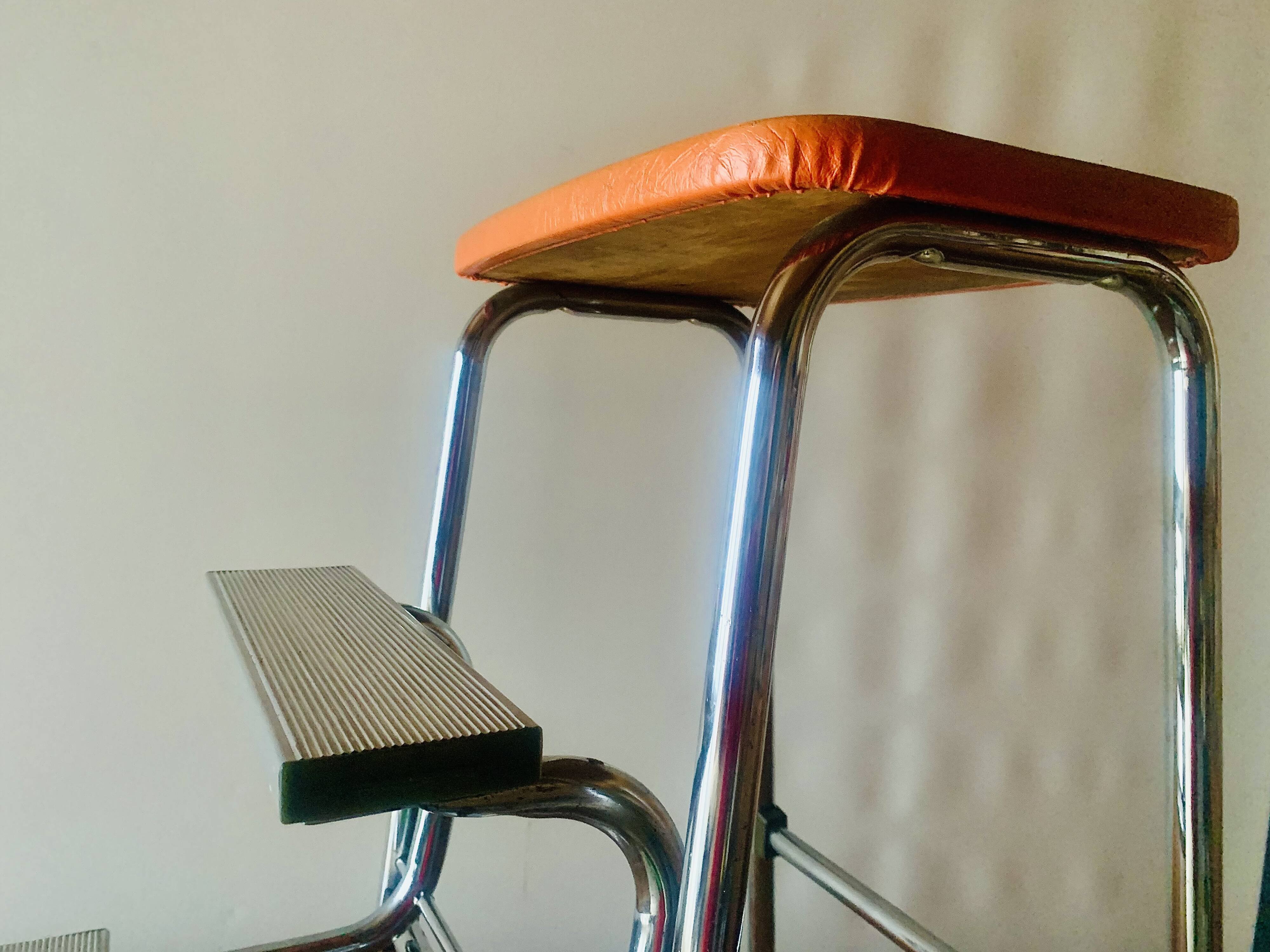 Vintage Brabantia step stool in wood, Skai and chrome metal