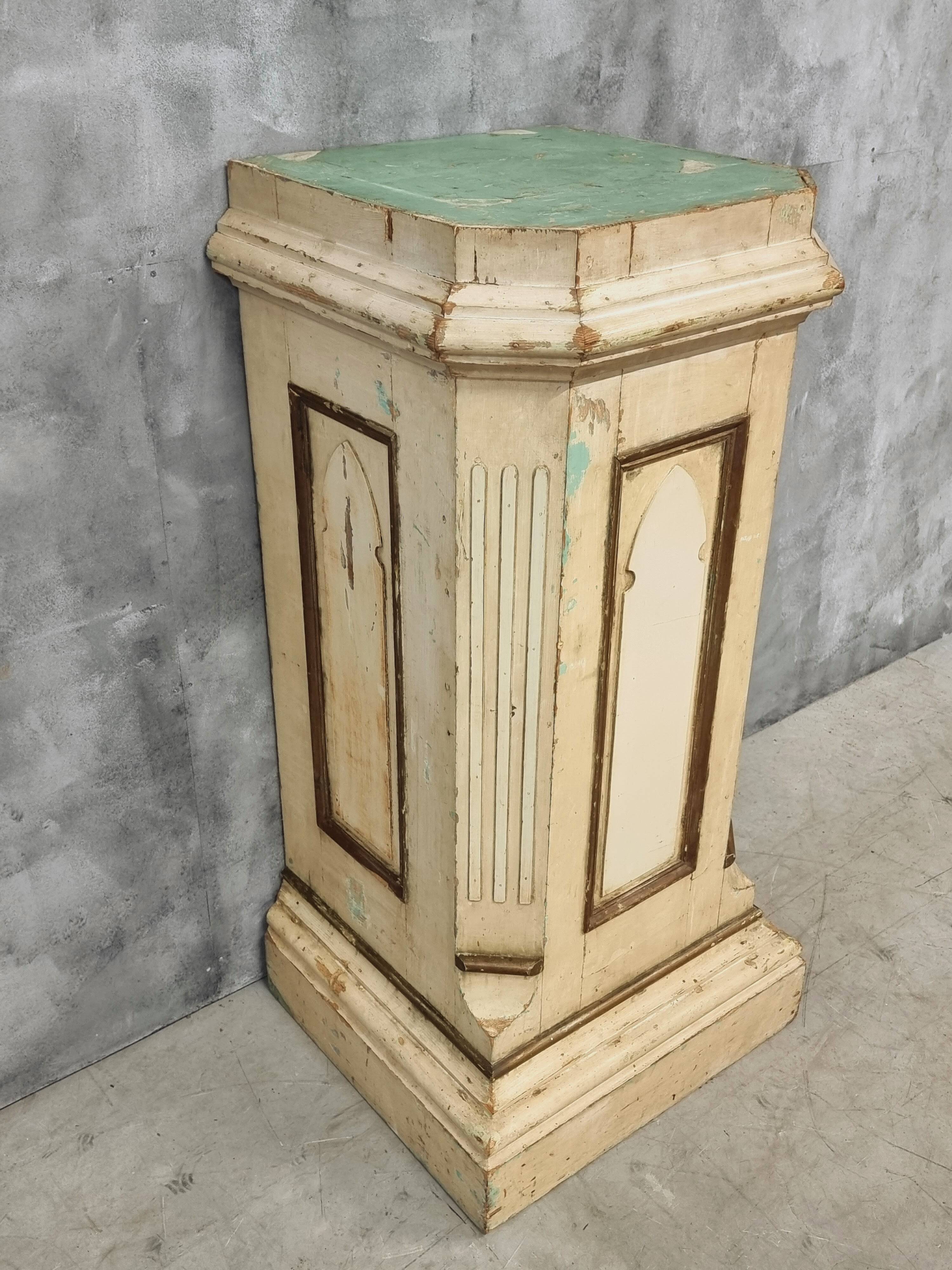 Antique church column on wooden base 135 cm high
